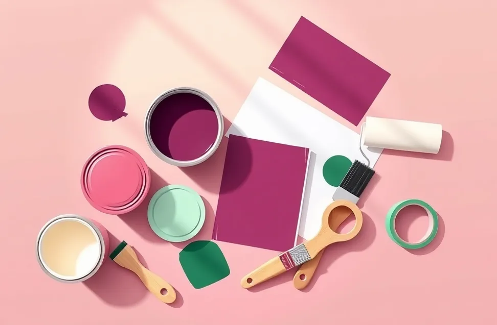 Pots de peinture, nuancier, brosses et rouleaux disposés à plat