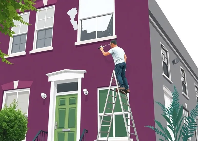 Peintre sur échafaudage traitant la façade d'une maison